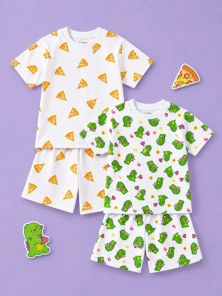 Organic Cotton Unisex Kids Co-ord Set Pack of 2 – Soft Breathable Pizza & Dinosaur Print T-Shirt & Shorts Set