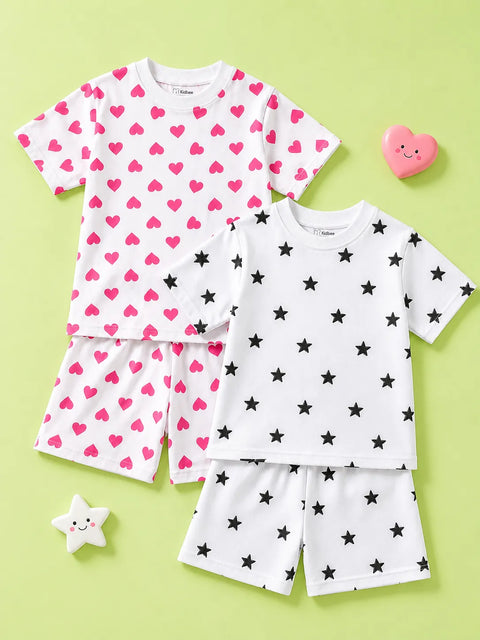 Organic Cotton Unisex Kids Co-ord Set Pack of 2 – Soft Breathable Heart & Star Print T-Shirt & Shorts Set