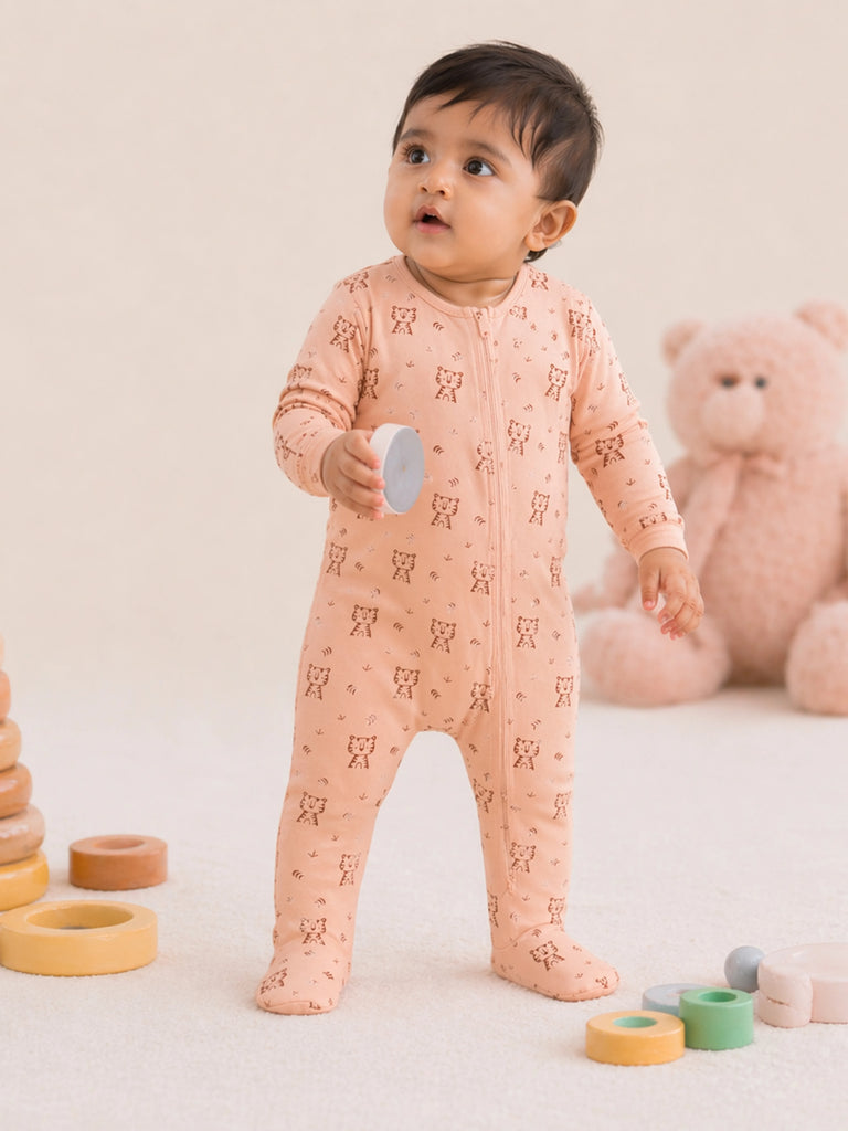Organic Cotton Baby Romper – Soft Breathable Tiger Print Full Sleeve Zip Sleepsuit