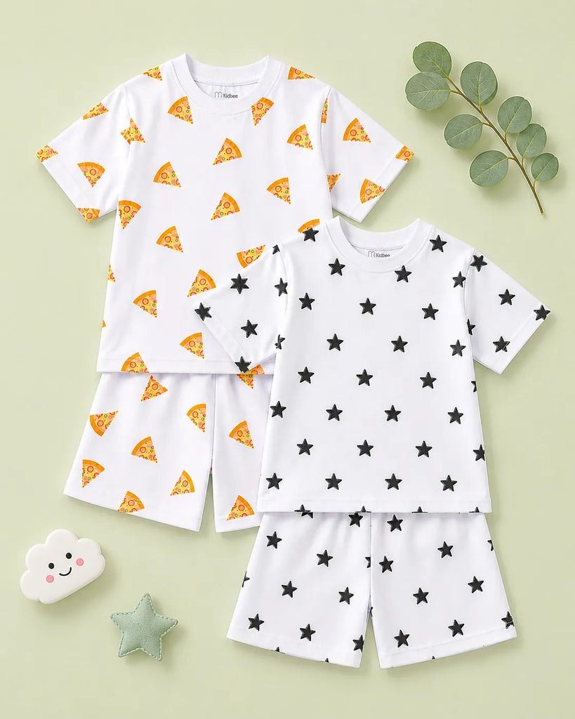 Organic Cotton Unisex Kids Co-ord Set Pack of 2 – Soft Breathable Pizza & Star Print T-Shirt & Shorts Set