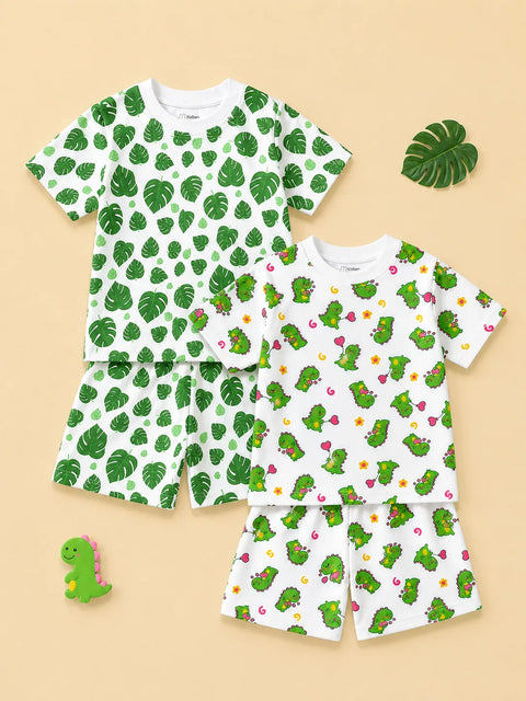 Organic Cotton Unisex Kids Co-ord Set Pack of 2 – Soft Breathable Leaf & Dinosaur Print T-Shirt & Shorts Set