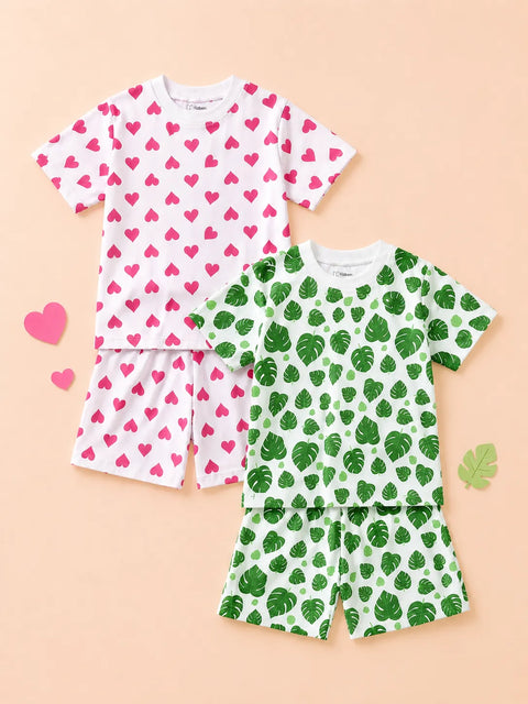 Organic Cotton Unisex Kids Co-ord Set Pack of 2 – Soft Breathable Heart & Leaf Print T-Shirt & Shorts Set