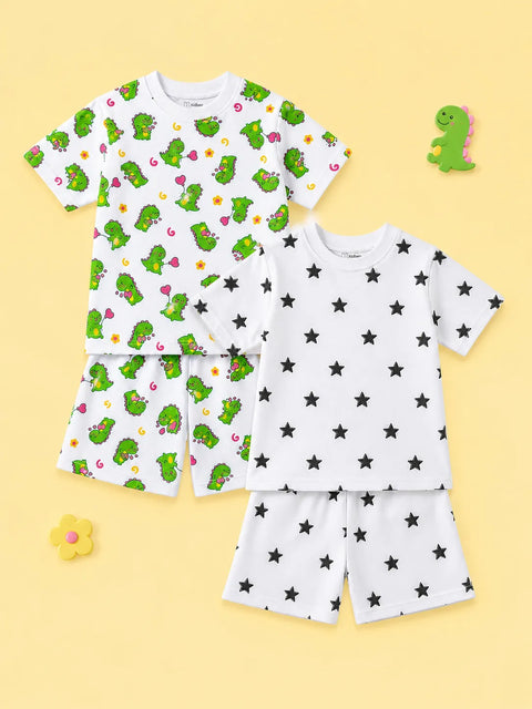 Organic Cotton Unisex Kids Co-ord Set Pack of 2 – Soft Breathable Dinosaur & Star Print T-Shirt & Shorts Set