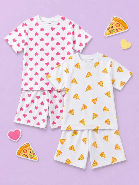 Organic Cotton Unisex Kids Co-ord Set Pack of 2 – Soft Breathable Heart & Pizza Print T-Shirt & Shorts Set