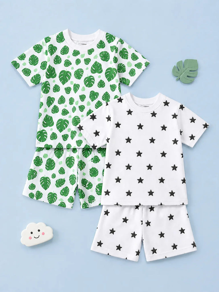 Organic Cotton Unisex Kids Co-ord Set Pack of 2 – Soft Breathable Leaf & Star Print T-Shirt & Shorts Set
