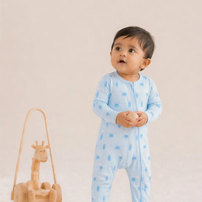Organic Cotton Baby Romper – Soft Breathable Beach Print Full Sleeve Zip Sleepsuit