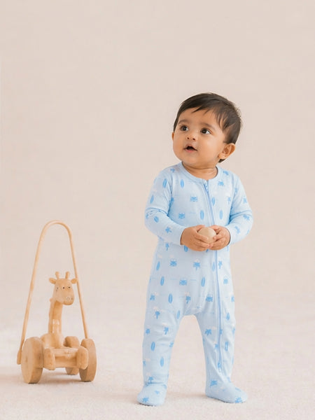 Baby Unisex Organic Cotton Blue Ocean Print Zipper Footed Romper