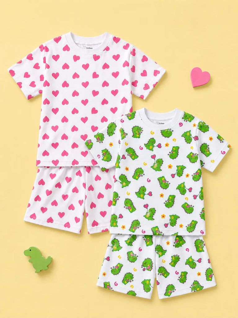 Organic Cotton Unisex Kids Co-ord Set Pack of 2 – Heart & Dinosaur Print Soft Summer T-Shirt & Shorts Set