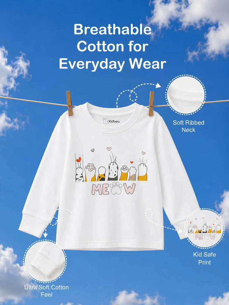 Unisex White Sweatshirt – Meow Cat Print Full-Sleeve Sweatshirt