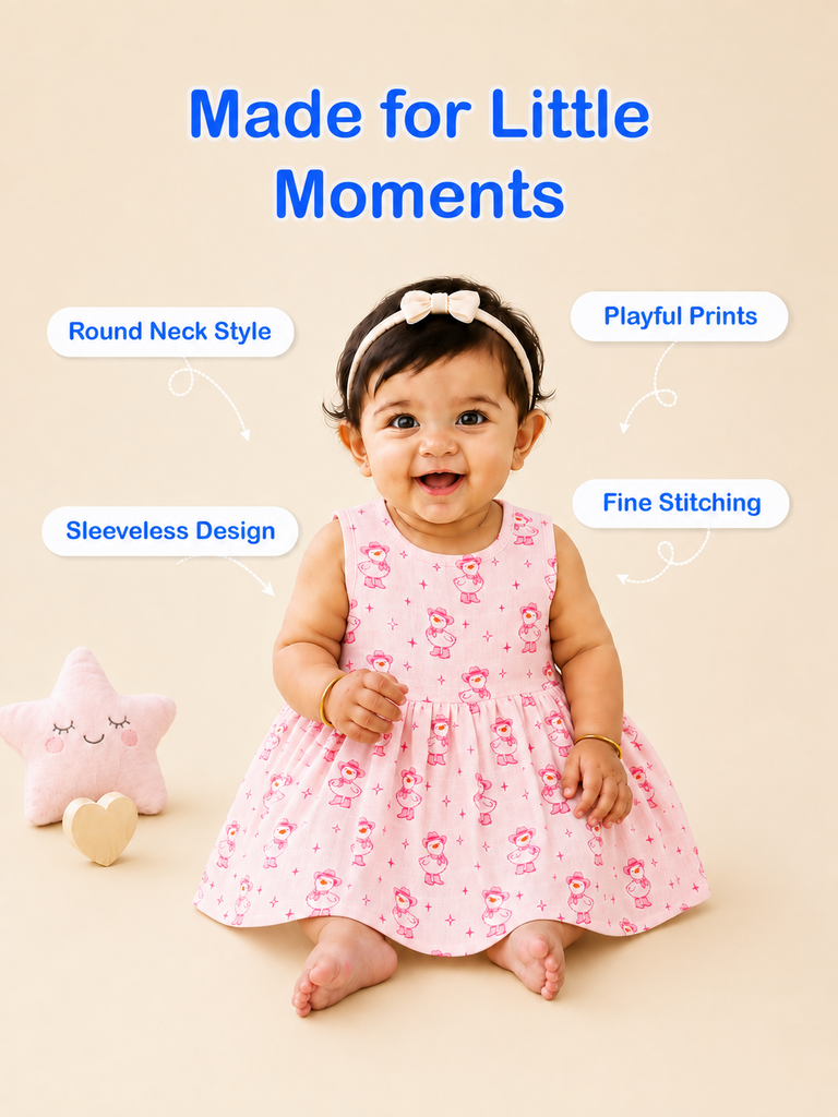 BambooTEC™ Bamboo Muslin Baby Frock – Pink Duck Print, Soft & Breathable Dress