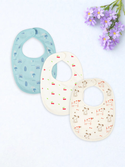 Organic Cotton Baby Bib Pack of 3 – Soft Breathable Cherry, Beach & Blue Dog Print, Feeding & Drool Bibs