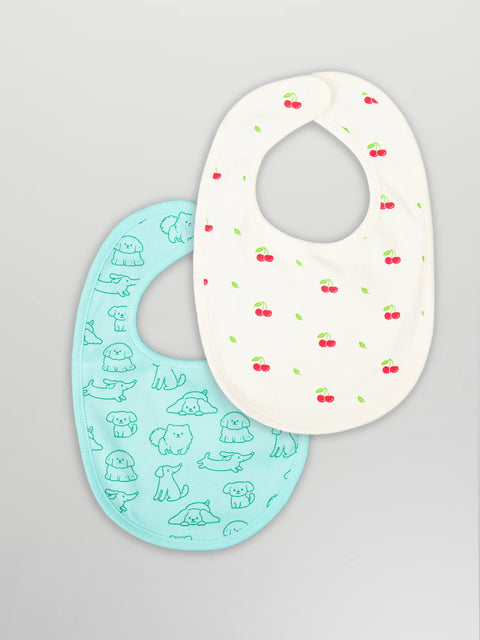 Organic Cotton Baby Bib Pack of 2 – Soft Breathable Cherry & Dog Print, Feeding & Drool Bibs