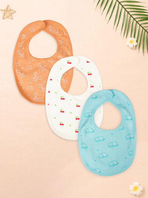Organic Cotton Baby Bib Pack of 3 – Soft Breathable Cherry, Turtle & Blue Dog Print, Feeding & Drool Bibs