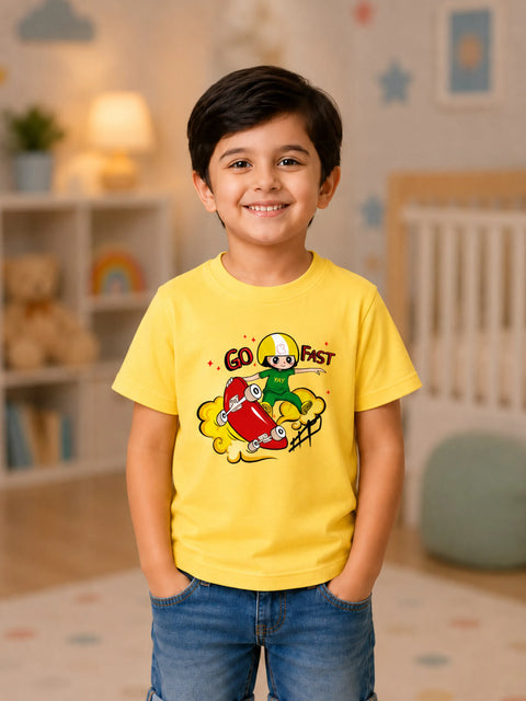 Bamboo Fabric Unisex Kids T-Shirt – Soft Breathable Yellow Skateboard Print Half Sleeve Tee
