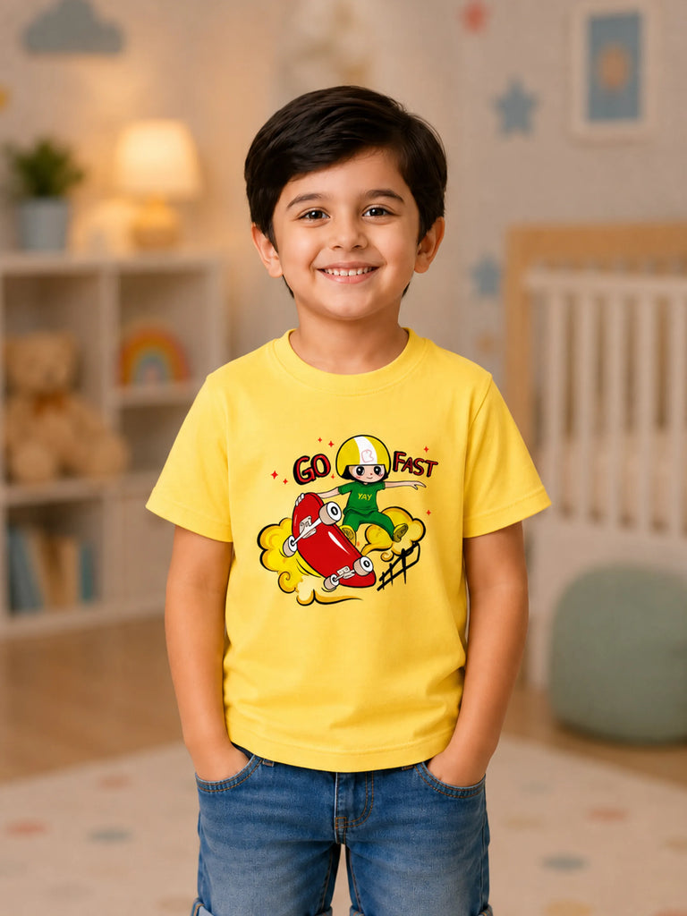 Bamboo Fabric Unisex Kids T-Shirt – Soft Breathable Yellow Skateboard Print Half Sleeve Tee