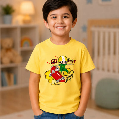 Bamboo Fabric Unisex Kids T-Shirt – Soft Breathable Yellow Skateboard Print Half Sleeve Tee