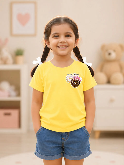 Bamboo Fabric Girls T-Shirt – Soft Breathable Yellow Donut Print Half Sleeve Tee for Kids