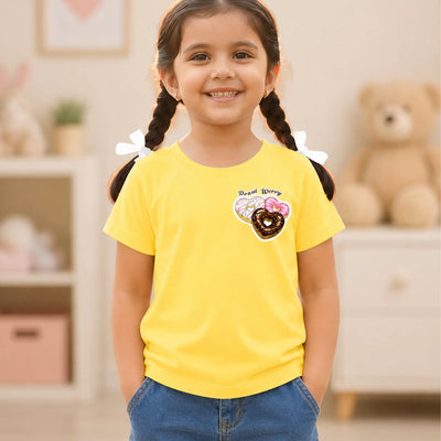 Bamboo Fabric Girls T-Shirt – Soft Breathable Yellow Donut Print Half Sleeve Tee for Kids