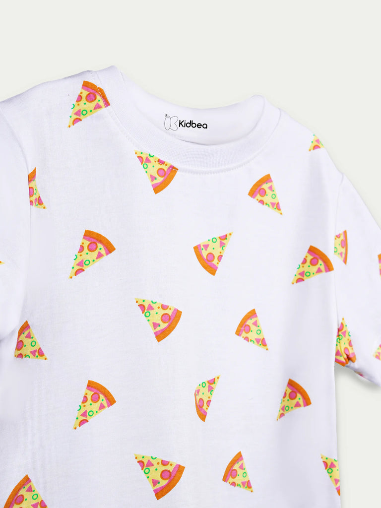 Organic Cotton Unisex Kids Co-ord Set – Soft Breathable Pizza Print T-Shirt & Shorts Set