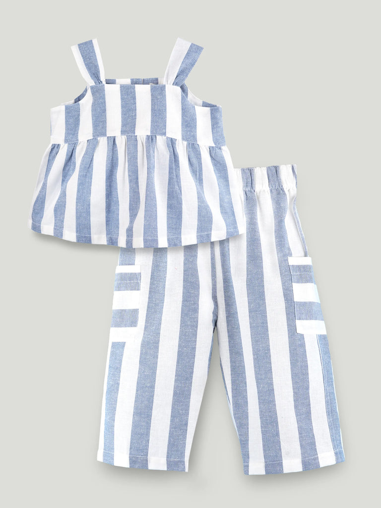 Girls Cotton Striped Peplum Top & Wide Leg Pants Co-ord Set - Blue & White