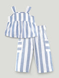Girls Cotton Striped Peplum Top & Wide Leg Pants Co-ord Set - Blue & White