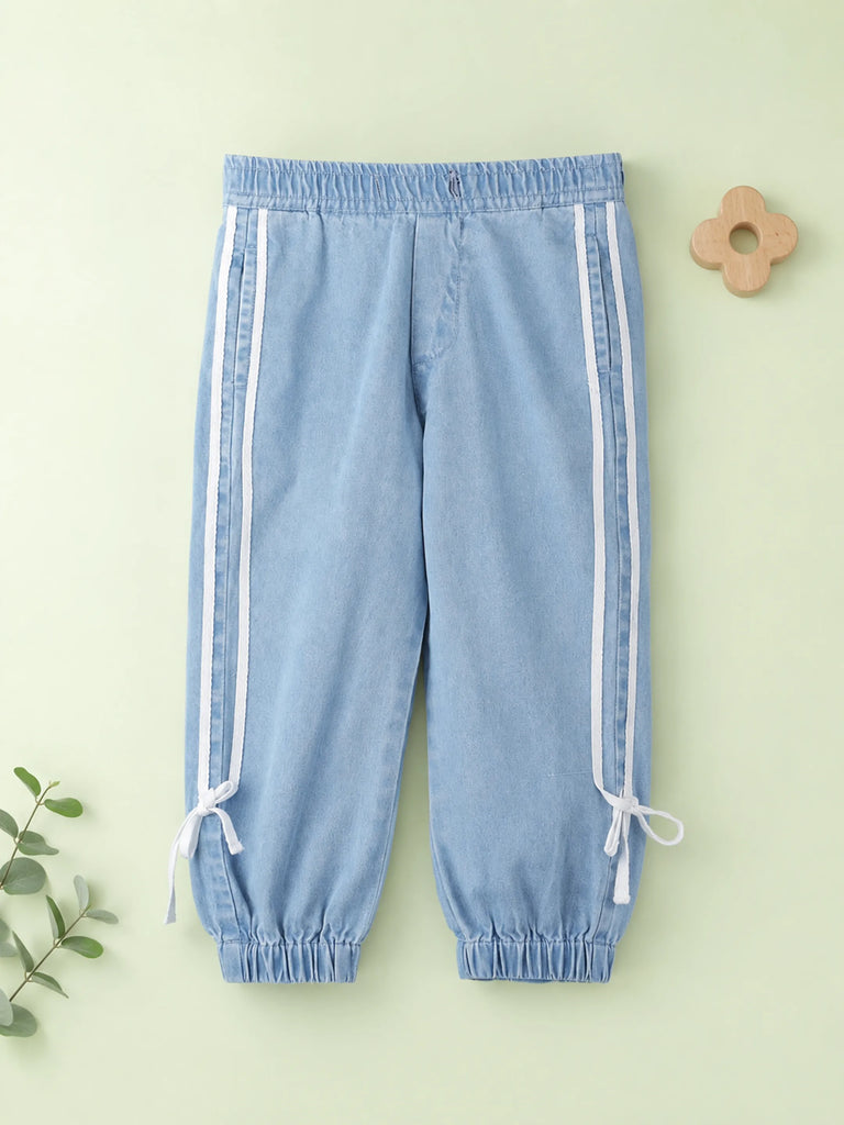 Girls Denim Jogger Pants with Side Stripe - Light Blue