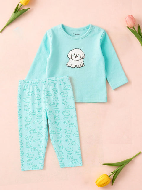 Organic Cotton Unisex Baby Co-ord Set – Soft Breathable Aqua Blue Dog Print Full Sleeve Top & Pants for Infants