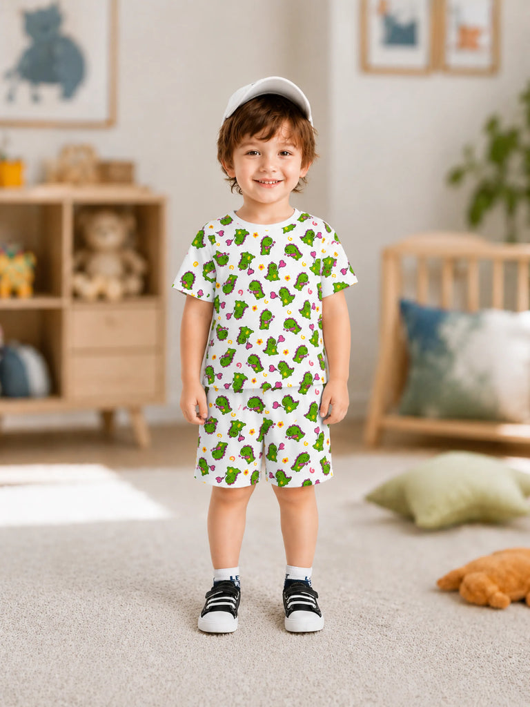 Organic Cotton Unisex Kids Co-ord Set – Soft Breathable Dinosaur Print T-Shirt & Shorts Set
