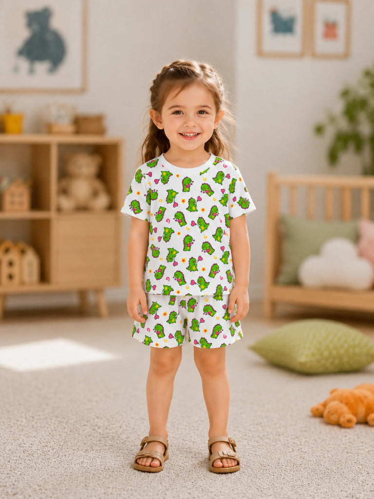 Organic Cotton Unisex Kids Co-ord Set – Soft Breathable Dinosaur Print T-Shirt & Shorts Set