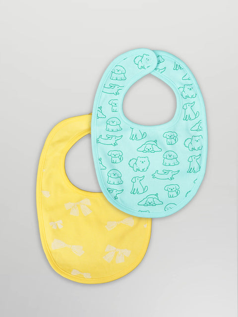 Organic Cotton Baby Bib Pack of 2 – Soft Breathable Dog & Bow Print, Feeding & Drool Bibs