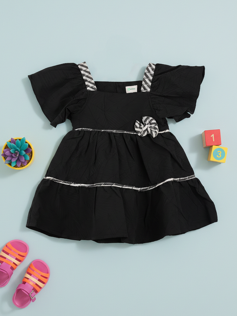 Baby Girls Puffed Sleeve Cotton Frock with Bow Detail
