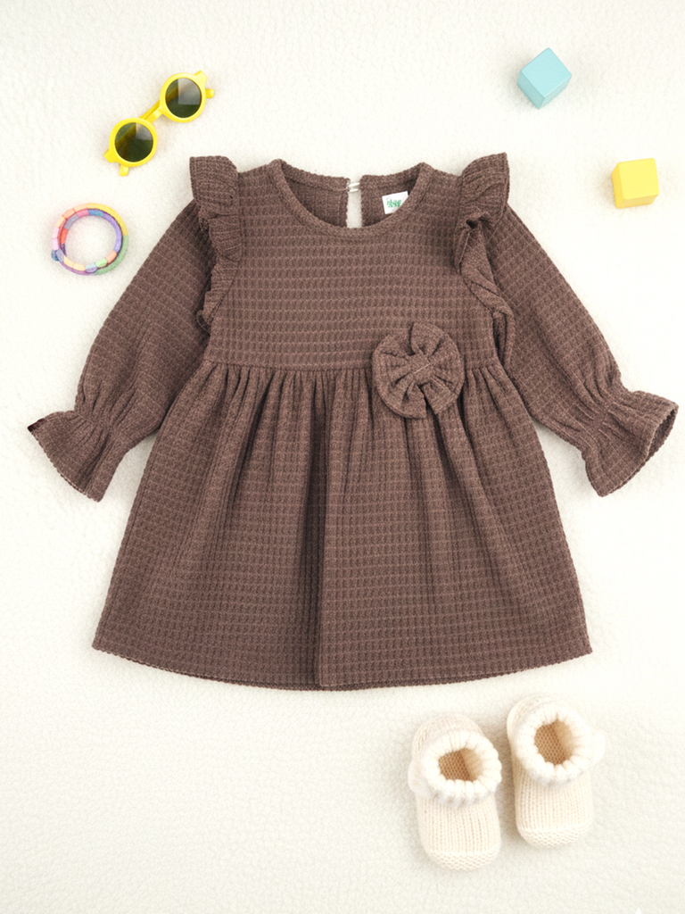 Baby Girl Full Sleeve Ruffle Frock with Floral Applique | Soft Cotton