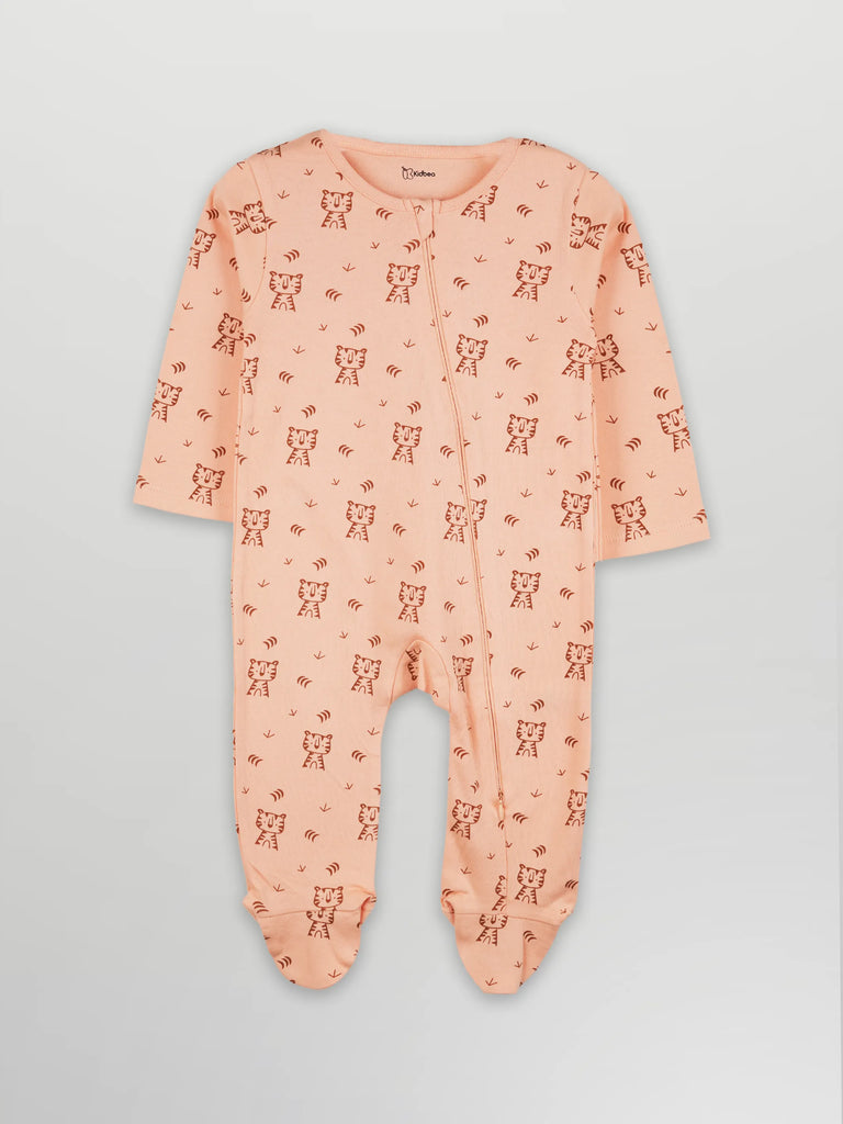 Organic Cotton Baby Romper – Soft Breathable Tiger Print Full Sleeve Zip Sleepsuit