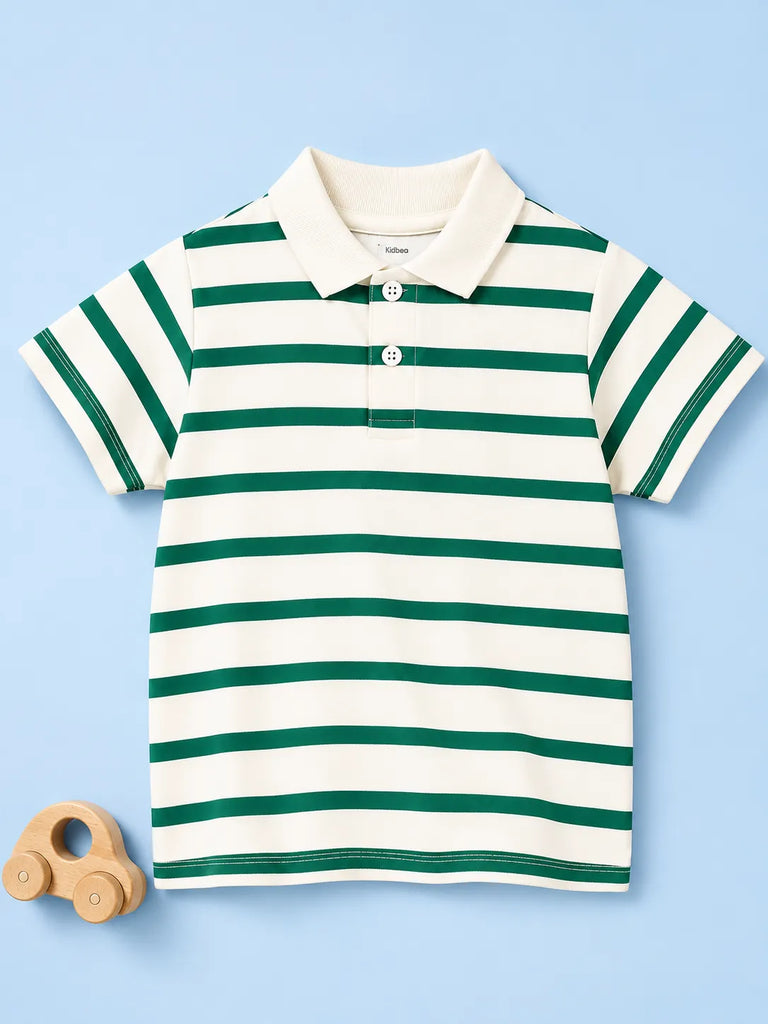 Boys Bamboo Fabric Green Striped Polo T-Shirt