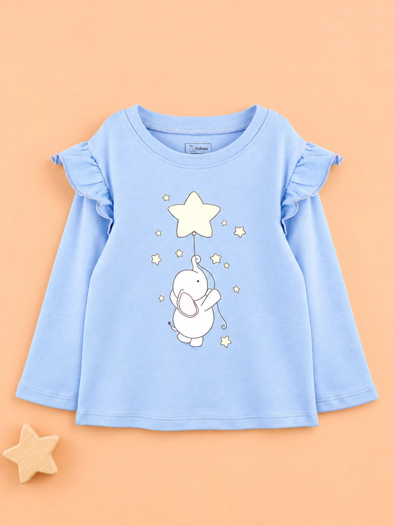Girls Blue Full-Sleeve Top – Star & Elephant Print