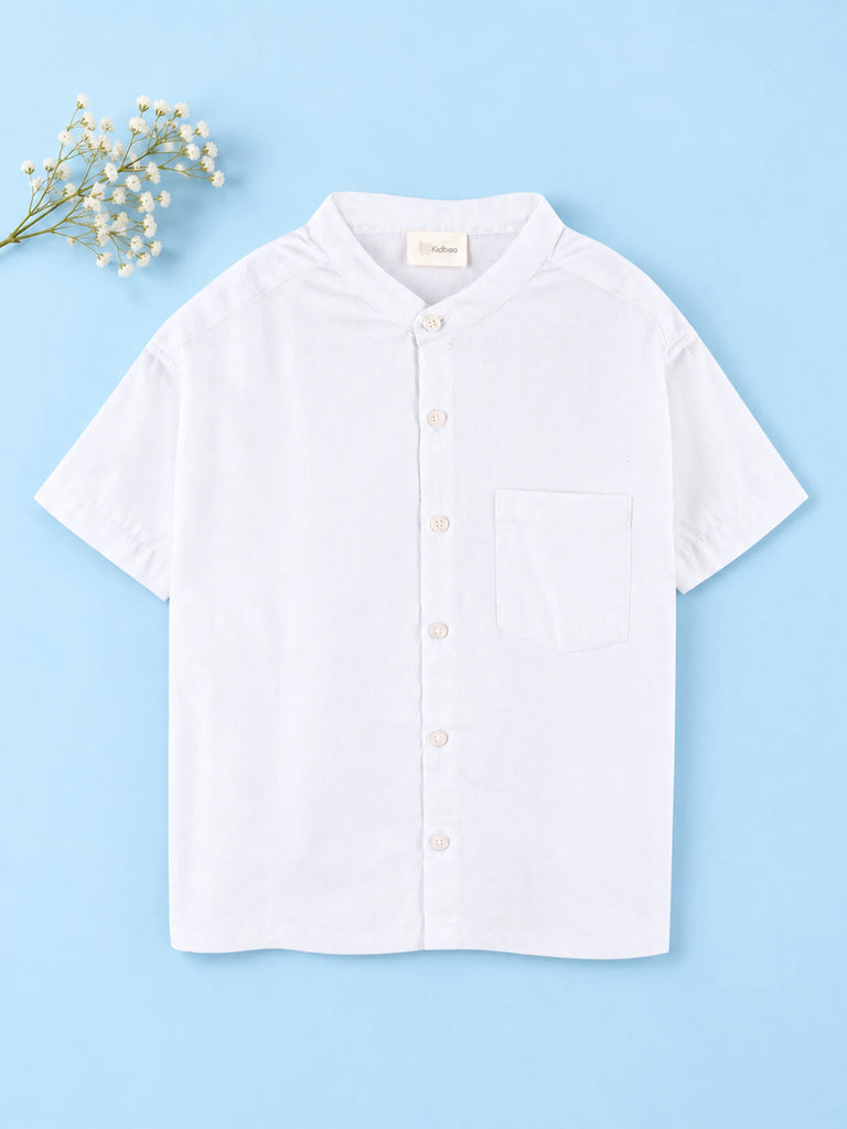 Boys White Cotton Mandarin Collar Shirt – Short Sleeve Casual Shirt