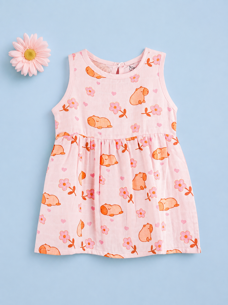BambooTEC™ Bamboo Muslin Baby Frock – Puppy & Floral Print, Soft & Breathable Dress