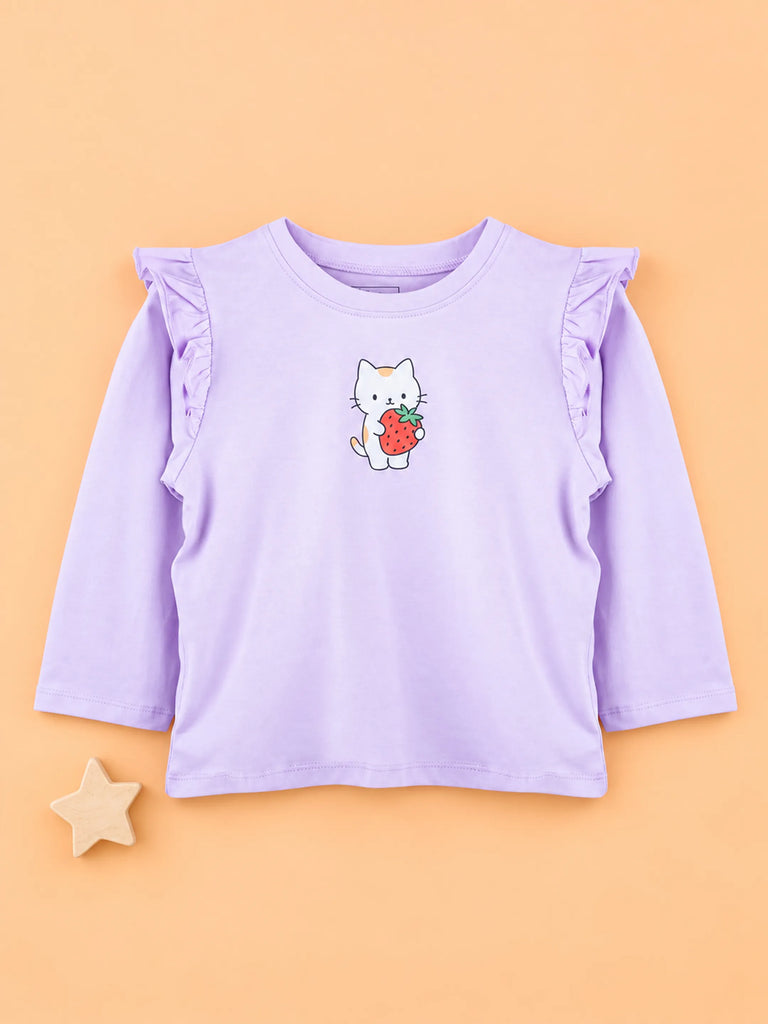 Girls Lavender Full-Sleeve Top – Strawberry Kitty Print