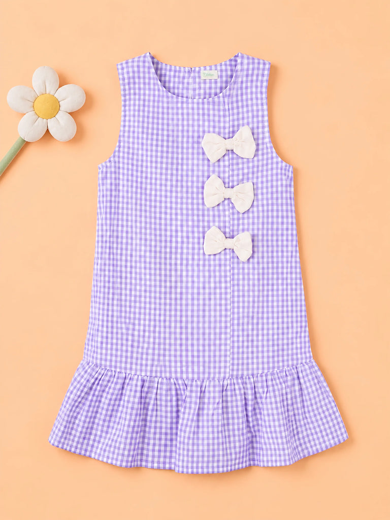 Girls Cotton Gingham Frock – Lavender Check Dress with White Bow Details