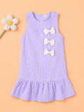 Girls Cotton Gingham Frock – Lavender Check Dress with White Bow Details