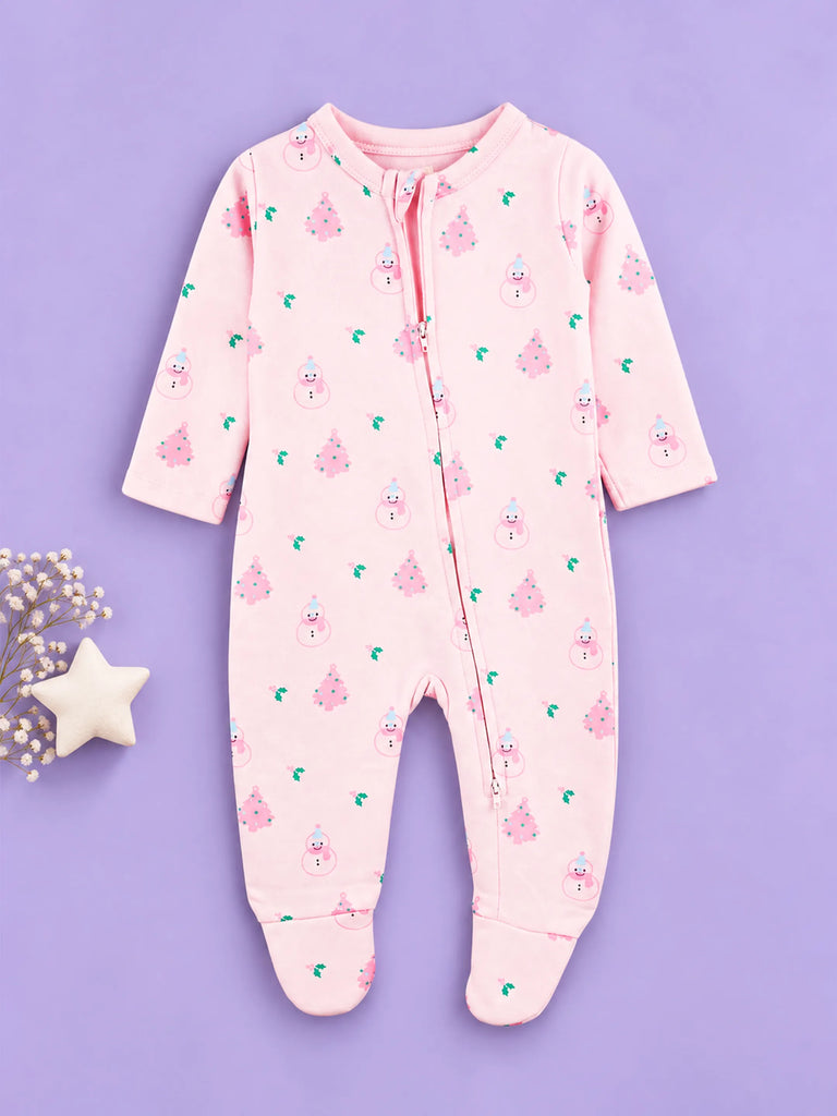 Cotton Baby Girls Footed Romper – Pink Christmas Print Full-Sleeve Romper