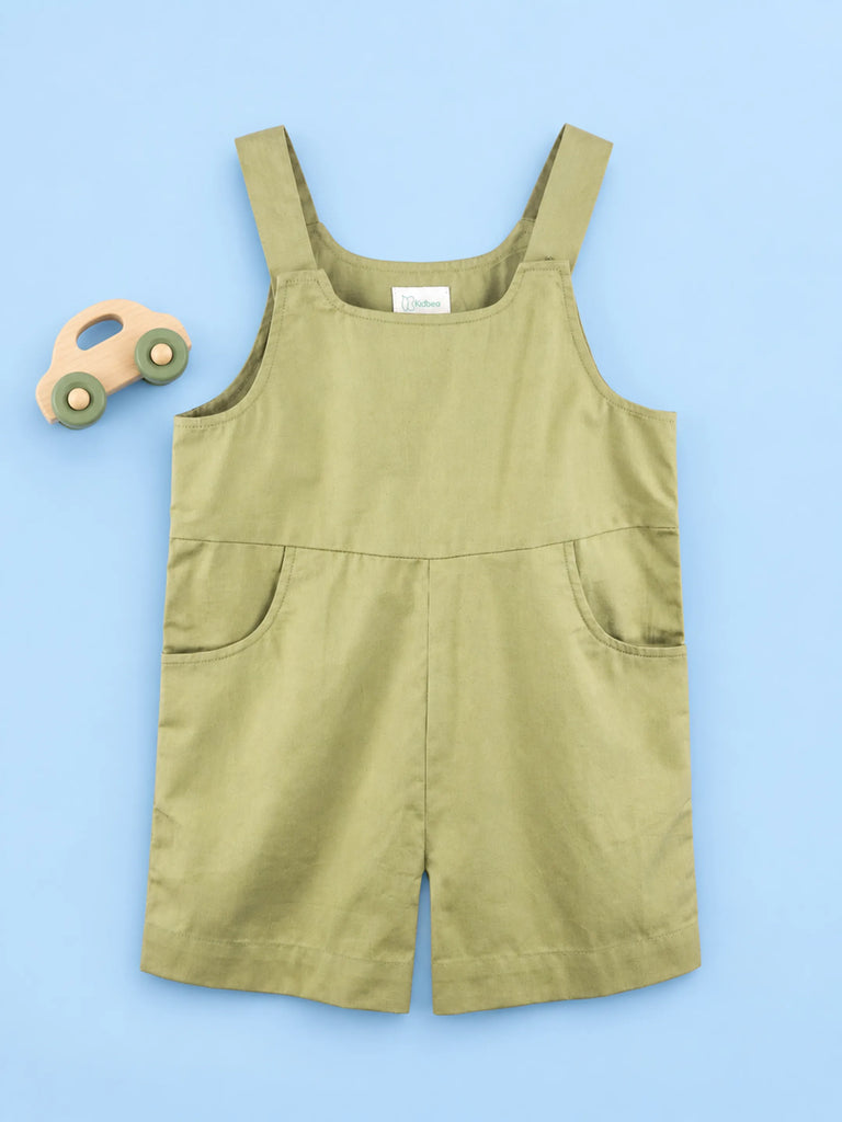Unisex Cotton Dungaree Shorts – Olive Green Sleeveless Suspender Romper with Pockets