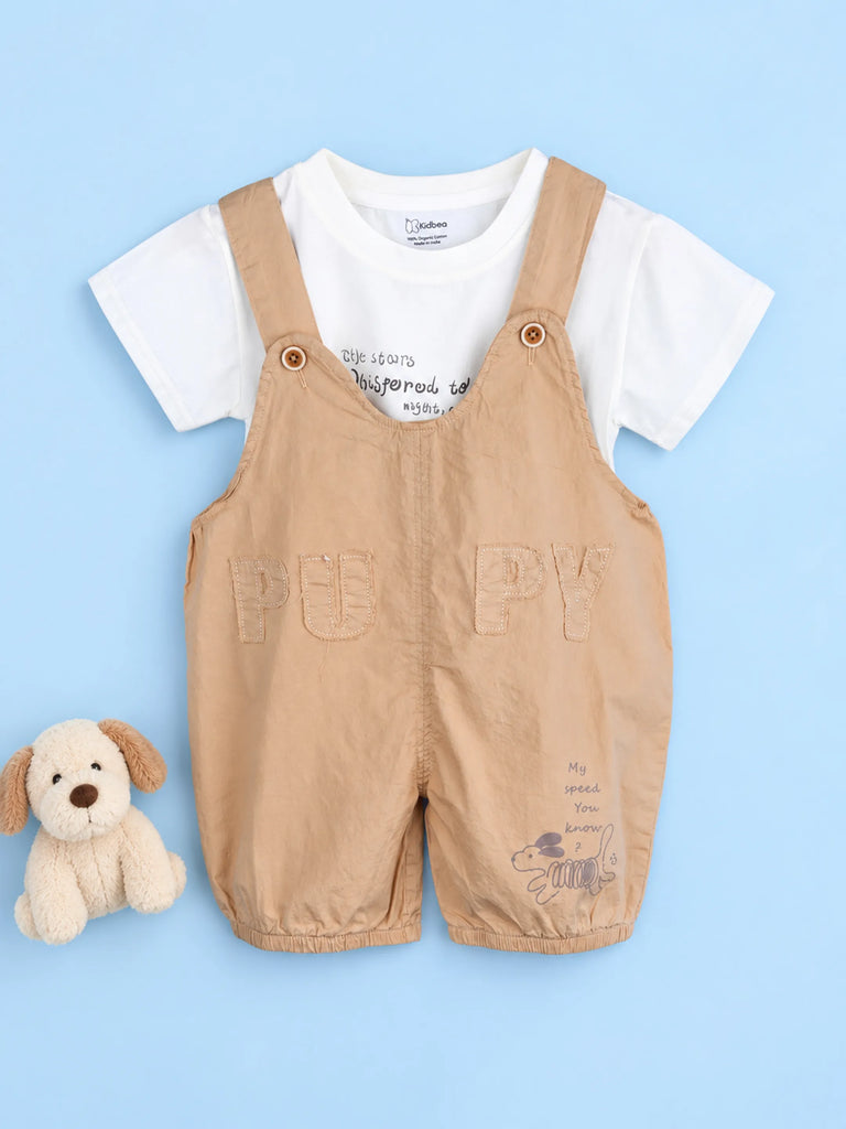 Kids Cotton Dungaree Set with T-Shirt – Beige Suspender Romper & White Tee Set