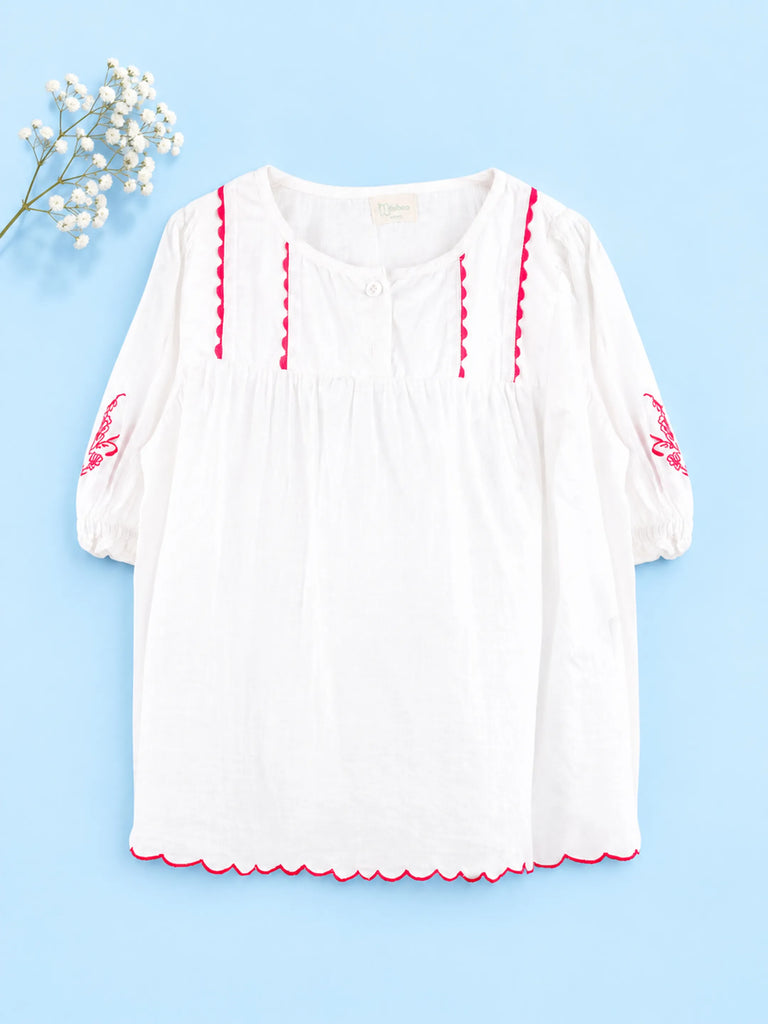 Girls Cotton Dress – White 3/4 Sleeve Dress with Red Embroidery & Scalloped Details