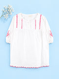 Girls Cotton Dress – White 3/4 Sleeve Dress with Red Embroidery & Scalloped Details