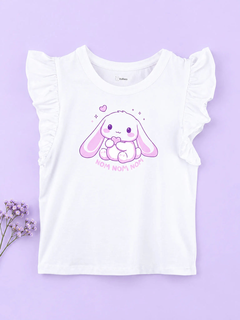 Girls White Top – Cute Bunny “Nom Nom Nom” Print with Ruffle Sleeves