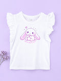 Girls White Top – Cute Bunny “Nom Nom Nom” Print with Ruffle Sleeves