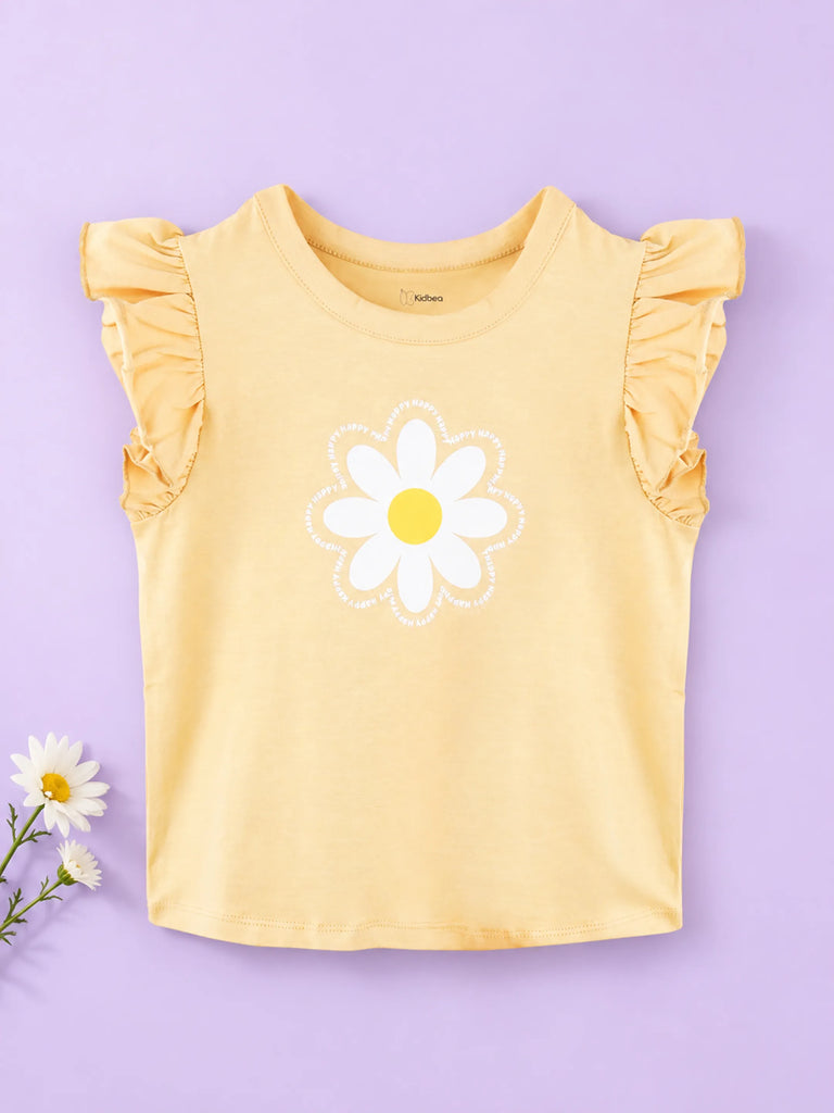 Girls Yellow Top – Daisy Flower Print with Ruffle Sleeves