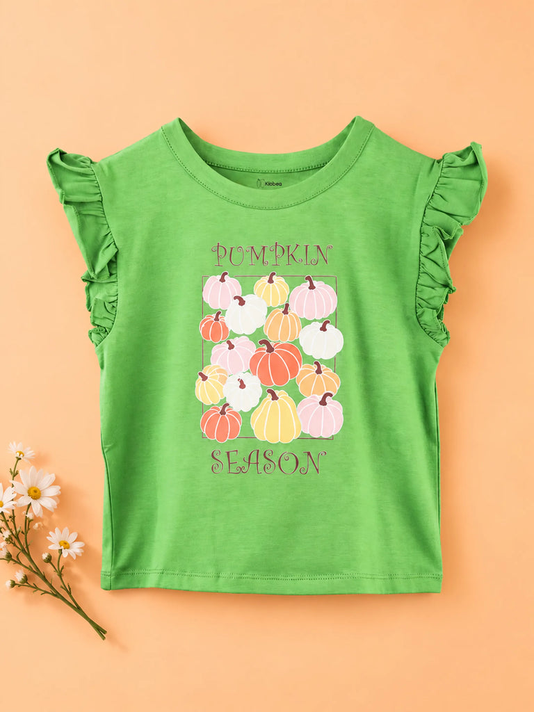 Girls Green Top – Pumpkin Season Print with Ruffle Sleeves