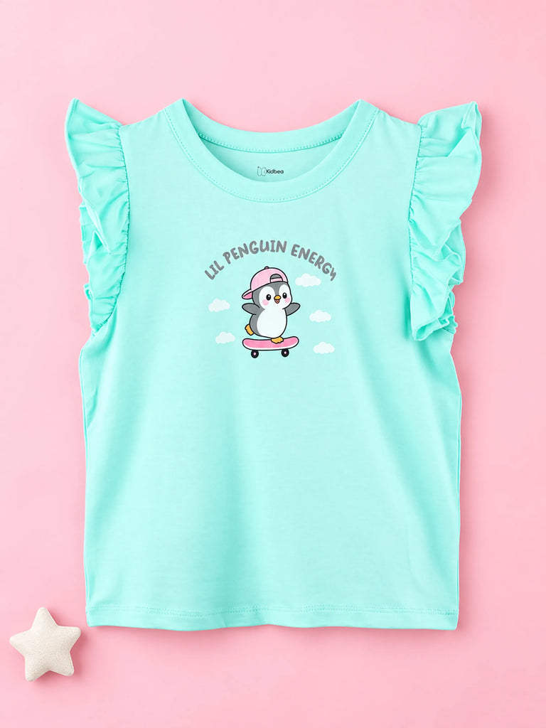 Girls Aqua Top – Lil Penguin Energy Print with Ruffle Sleeves